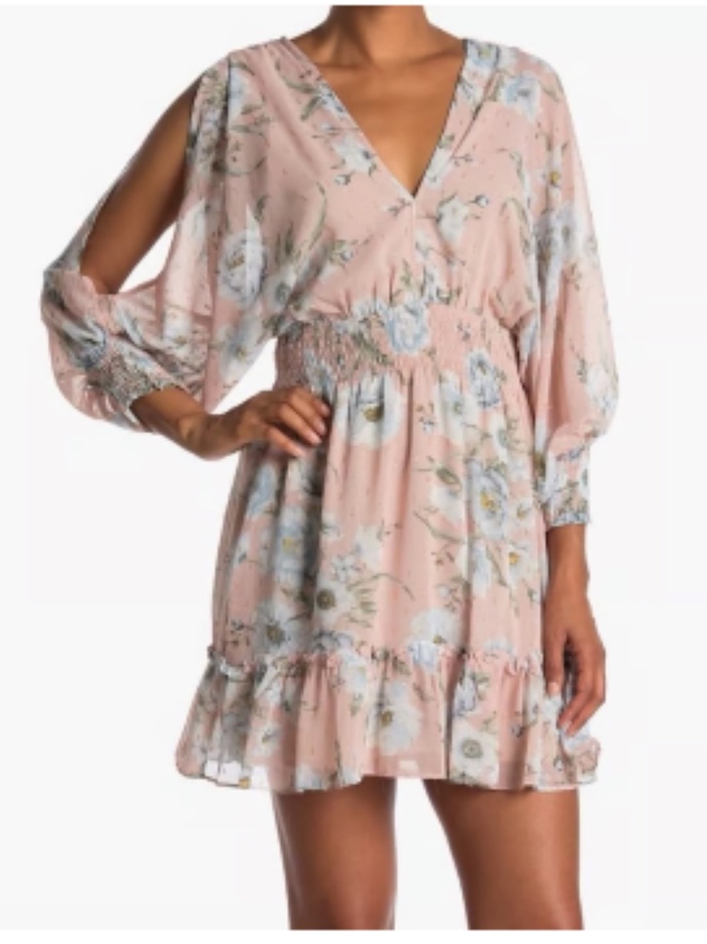 lovestitch Blush Floral V-Neck Smocked Mini Dress